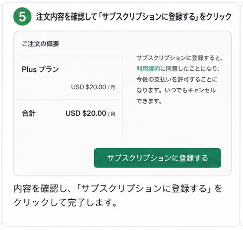 ChatGPT Plus導入手順5 注文内容を確認して登録する