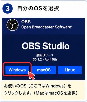 OBS登録手順 STEP3 自分のOSを選択する画面説明